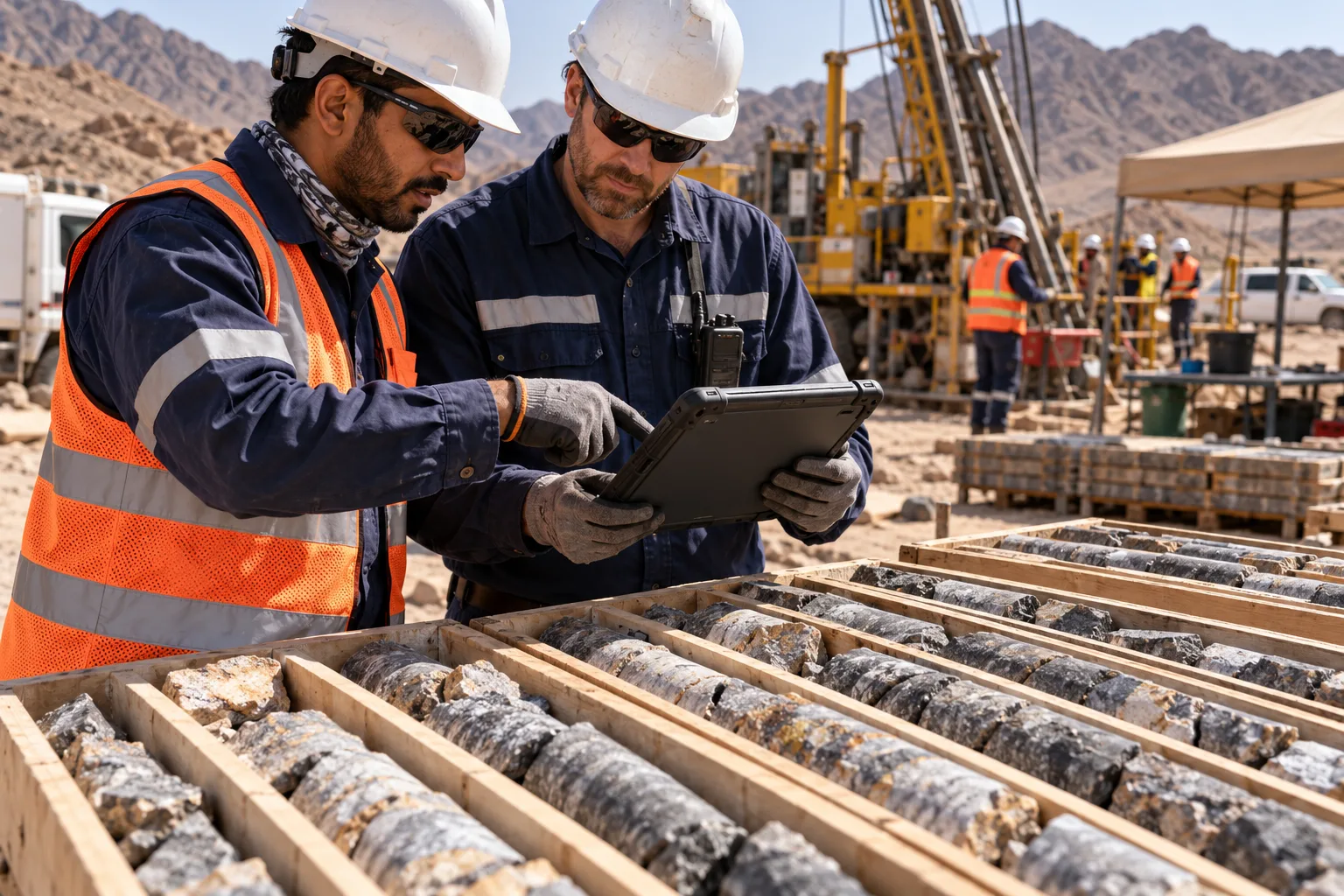 Drilling specialists reviewing field data and mineral core samples