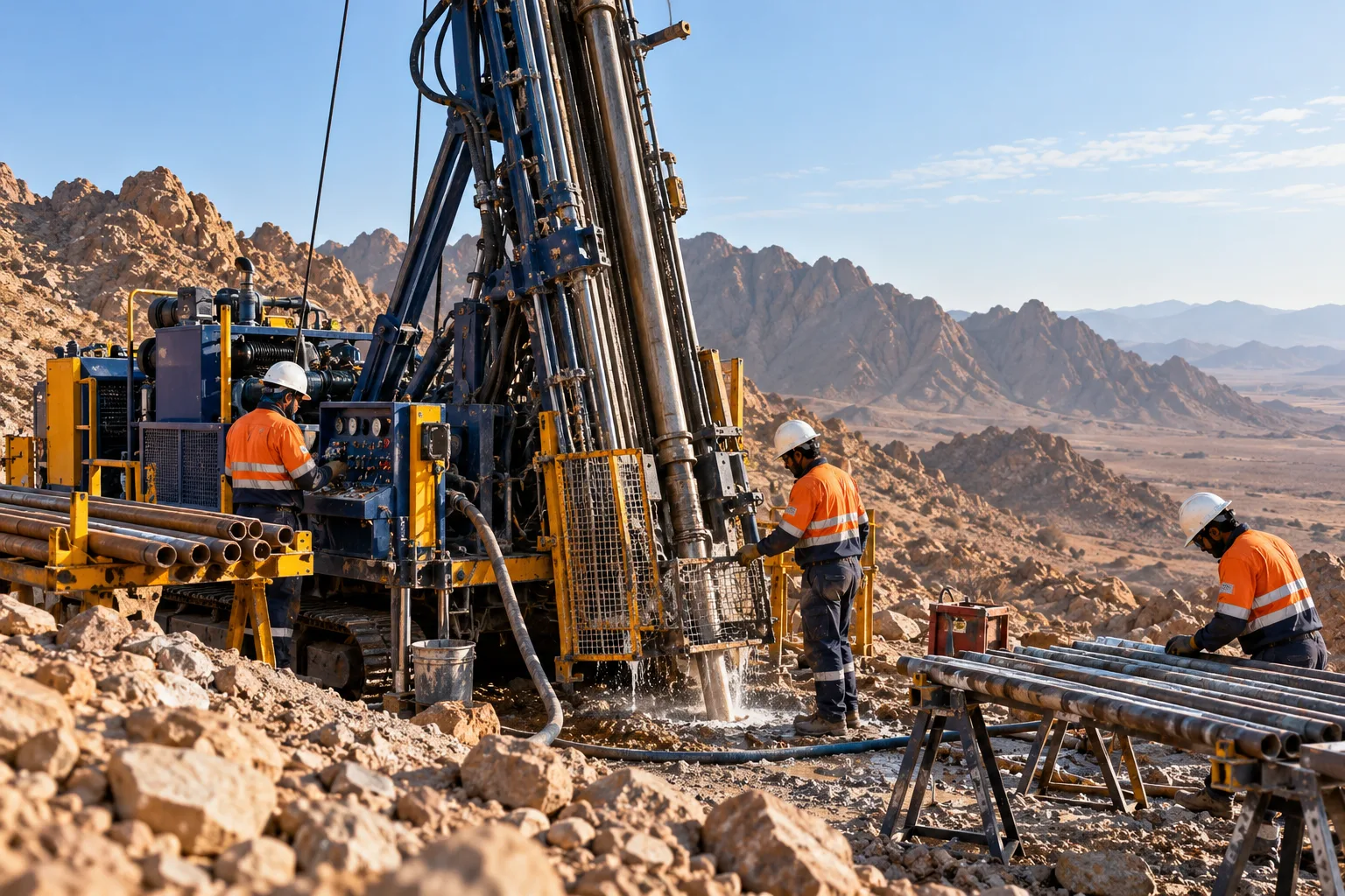 Diamond core exploration rig operating in rocky terrain