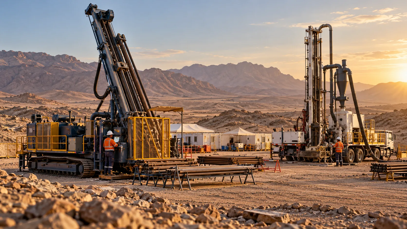 Multiple mineral exploration drilling rigs at a Saudi field site