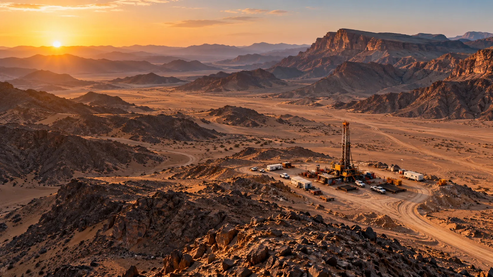 Mineral exploration drilling site in the Saudi desert